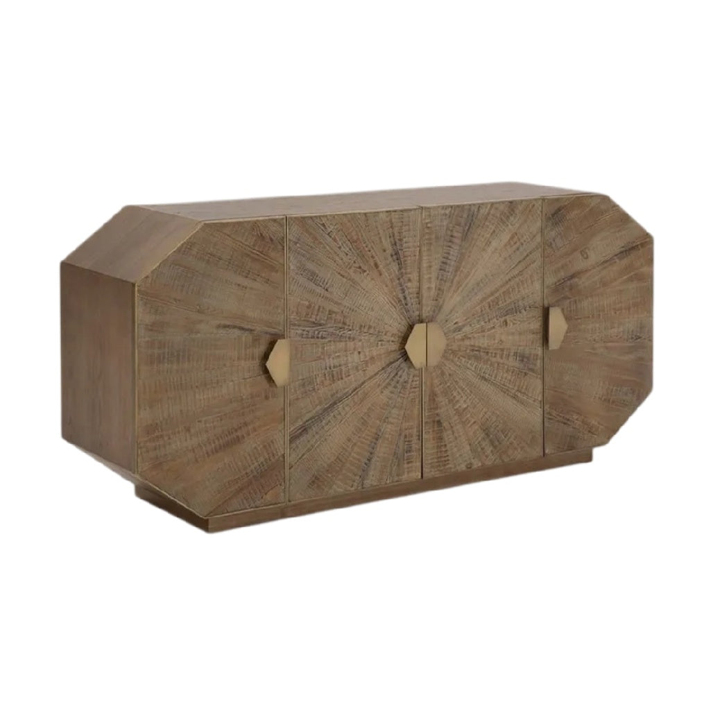 **Buffet en bois avec finitions géométriques et poignées dorées**