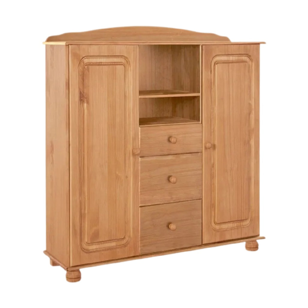 **Armoire en bois naturel avec étagères et tiroirs intégrés**