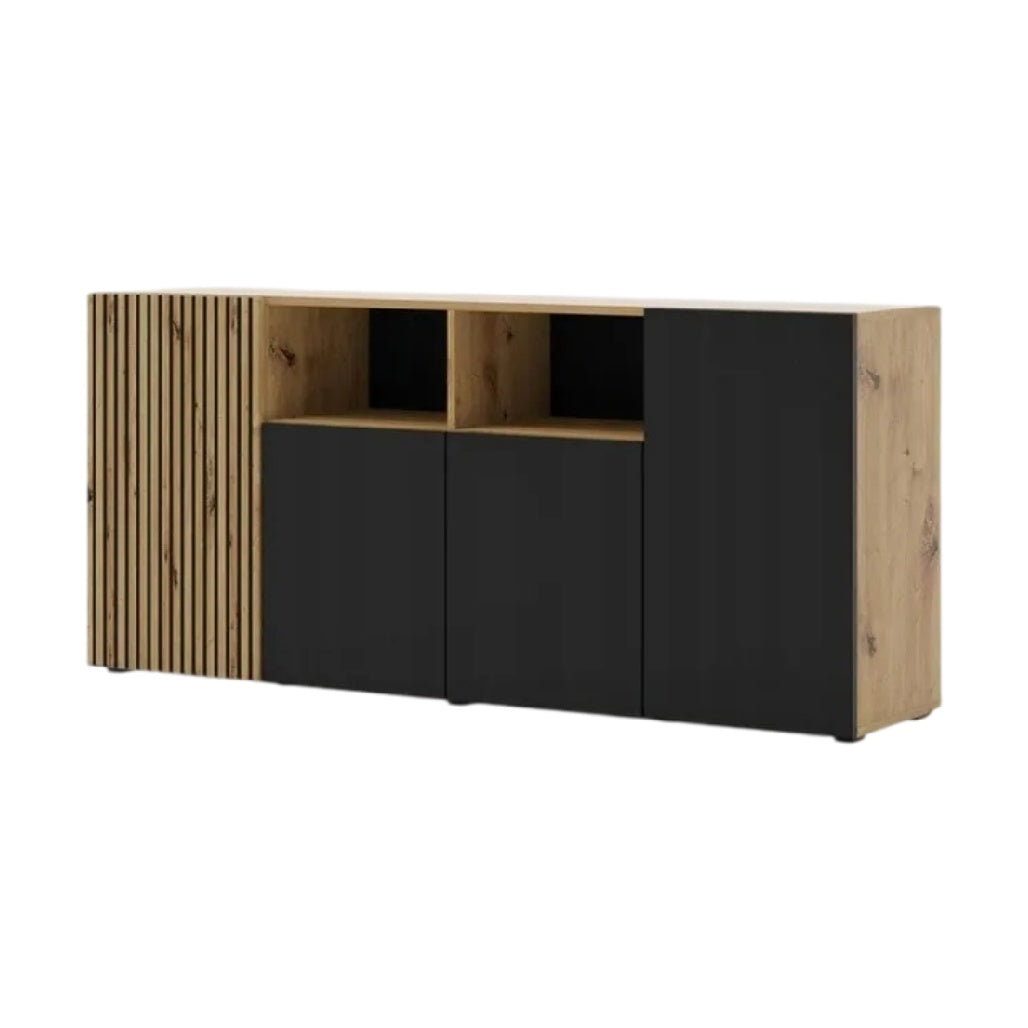 **Meuble de rangement en bois avec finitions noires et textures en relief**
