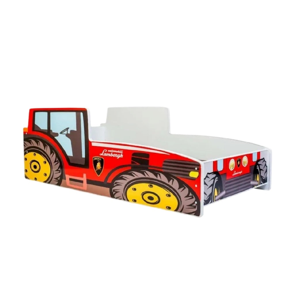 **Lit enfant en forme de tracteur Lamborghin, design ludique et coloré**